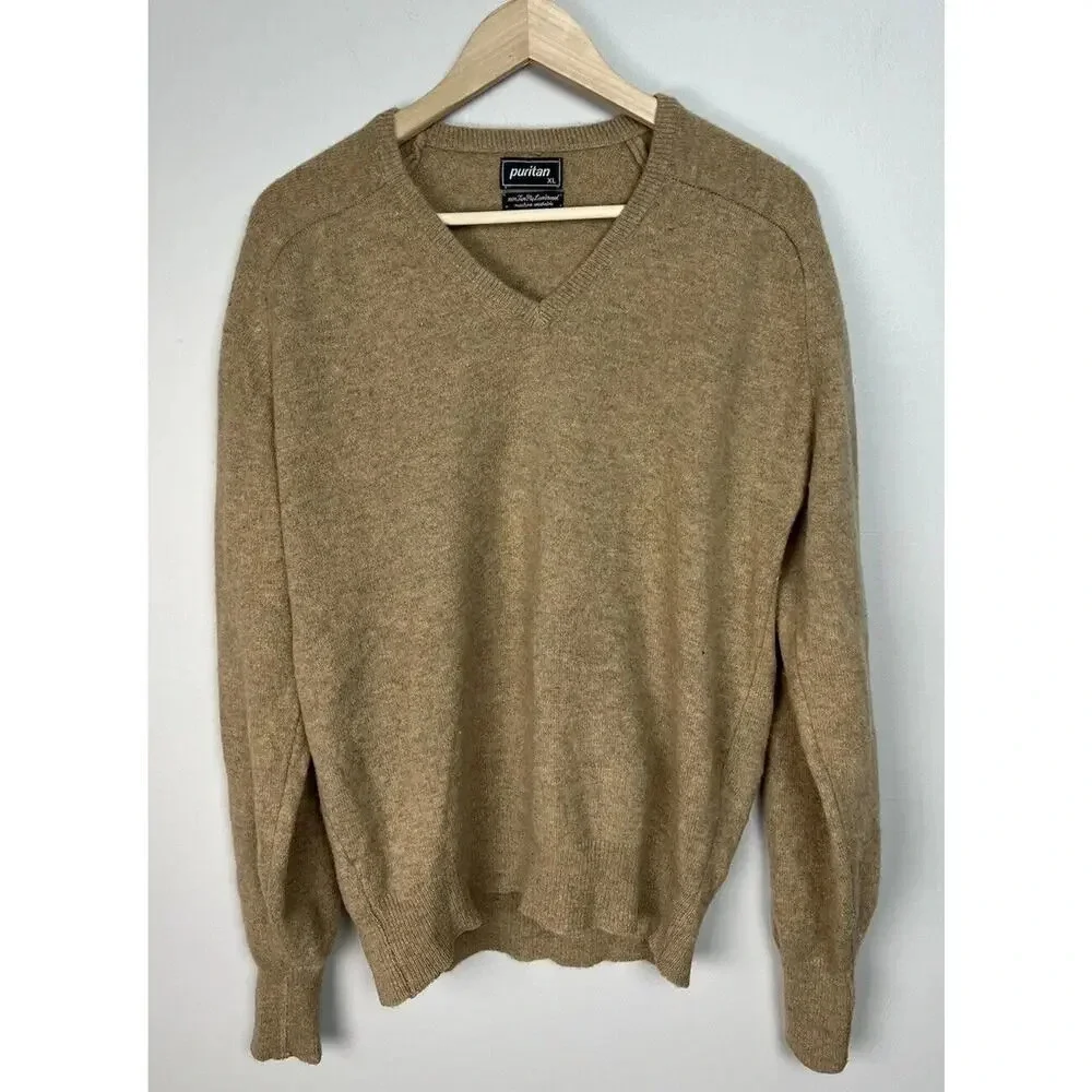 Vintage Puritan 100% Two Ply Lambswool Tan V-Neck Sweater Size XL Men’s